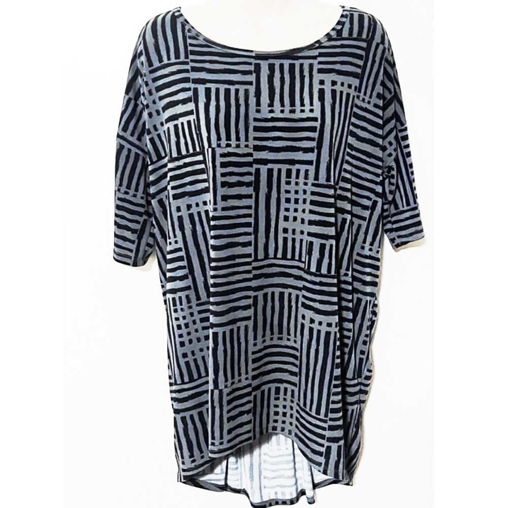 Lularoe Irma hi low scoop neck tunic top gray black stripe pullover medi…